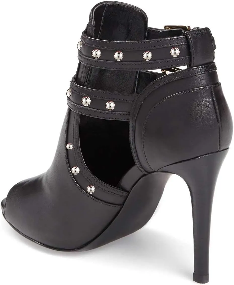 XYD Women Chic Studs Peep Toe Ankle Bootie High Heel Pumps Buckled Double Straps Cutout Fashion Party Shoes