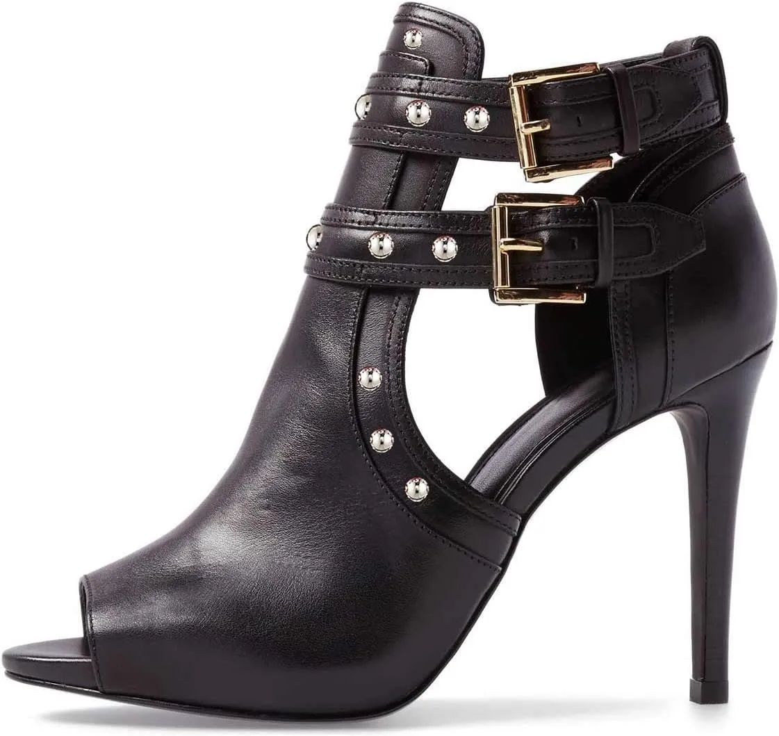 XYD Women Chic Studs Peep Toe Ankle Bootie High Heel Pumps Buckled Double Straps Cutout Fashion Party Shoes