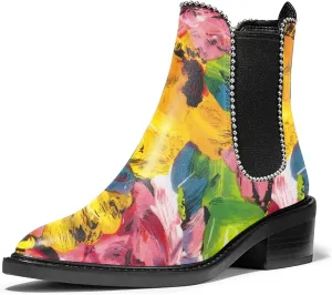 XYD Women Classic Low Chunky Heel Ankle Boots Closed Pointy Toe Pull On Studded Winter Comfy Walking Party Chic Shoes
