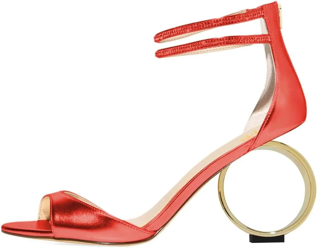 XYD Women Crystal Ankle Straps Open Peep Toe Sandals with Back Zip Chic Round Circle High Heel Party Shoes