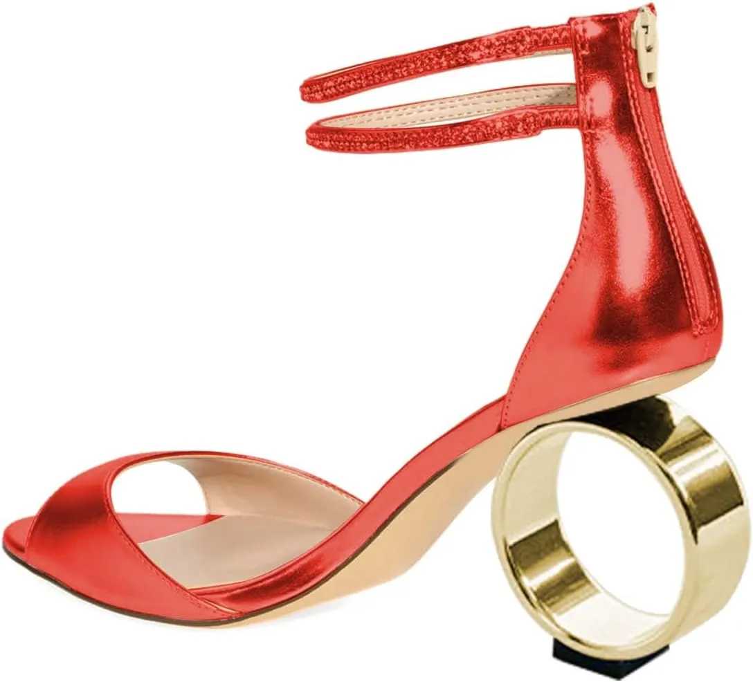 XYD Women Crystal Ankle Straps Open Peep Toe Sandals with Back Zip Chic Round Circle High Heel Party Shoes