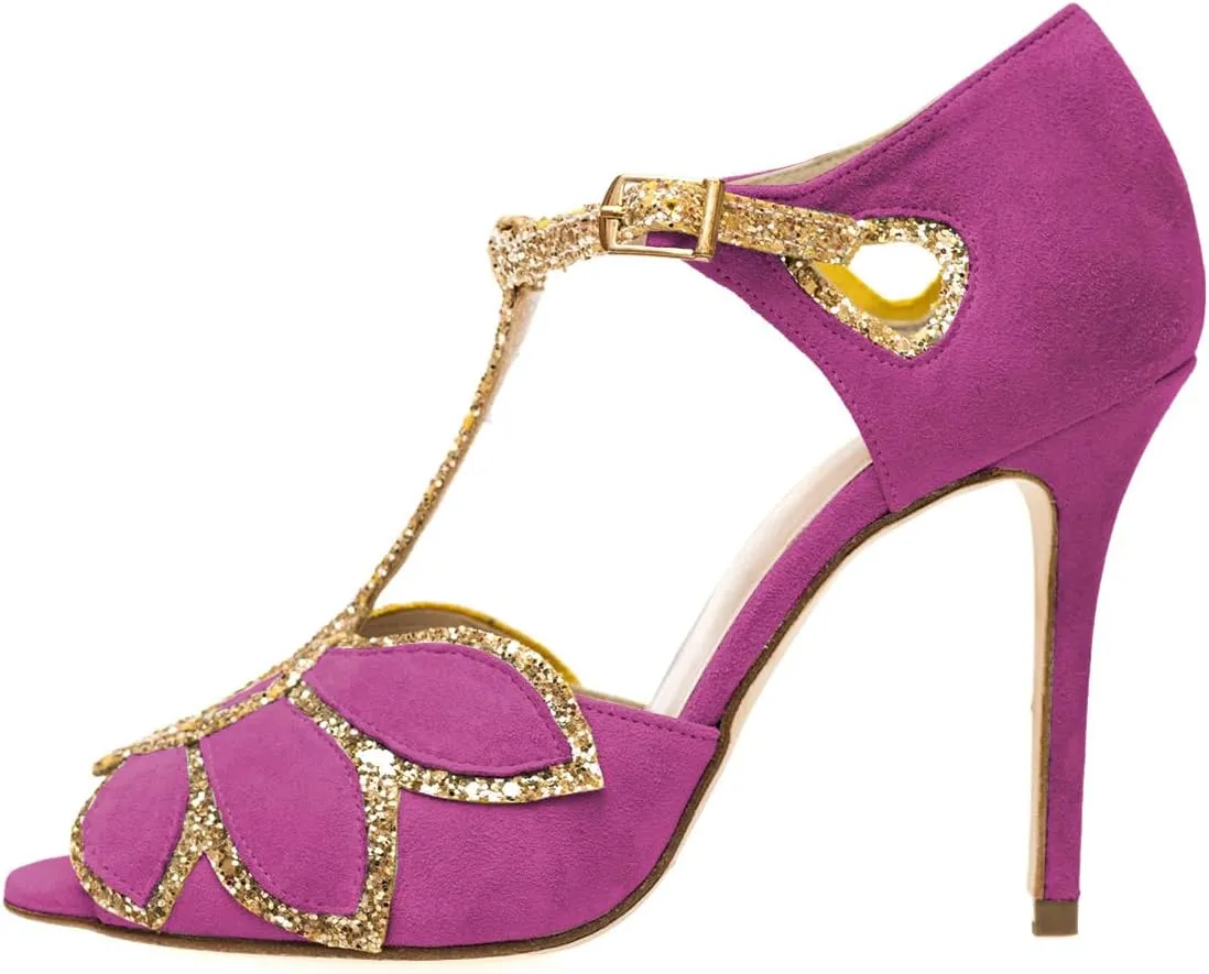XYD Women Glitter Butterfly T-Strap Sandals Peep Toe D'Orsay Stiletto High Heels Ballroom Dance Retro Shoes