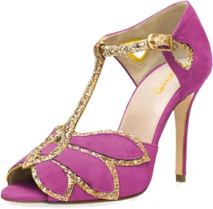 XYD Women Glitter Butterfly T-Strap Sandals Peep Toe D'Orsay Stiletto High Heels Ballroom Dance Retro Shoes