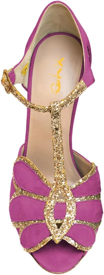 XYD Women Glitter Butterfly T-Strap Sandals Peep Toe D'Orsay Stiletto High Heels Ballroom Dance Retro Shoes