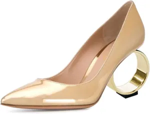 XYD Women Metal Circular High Heel Closed Pointed Toe Pumps Slip-on Office Formal Party Chic Shoes