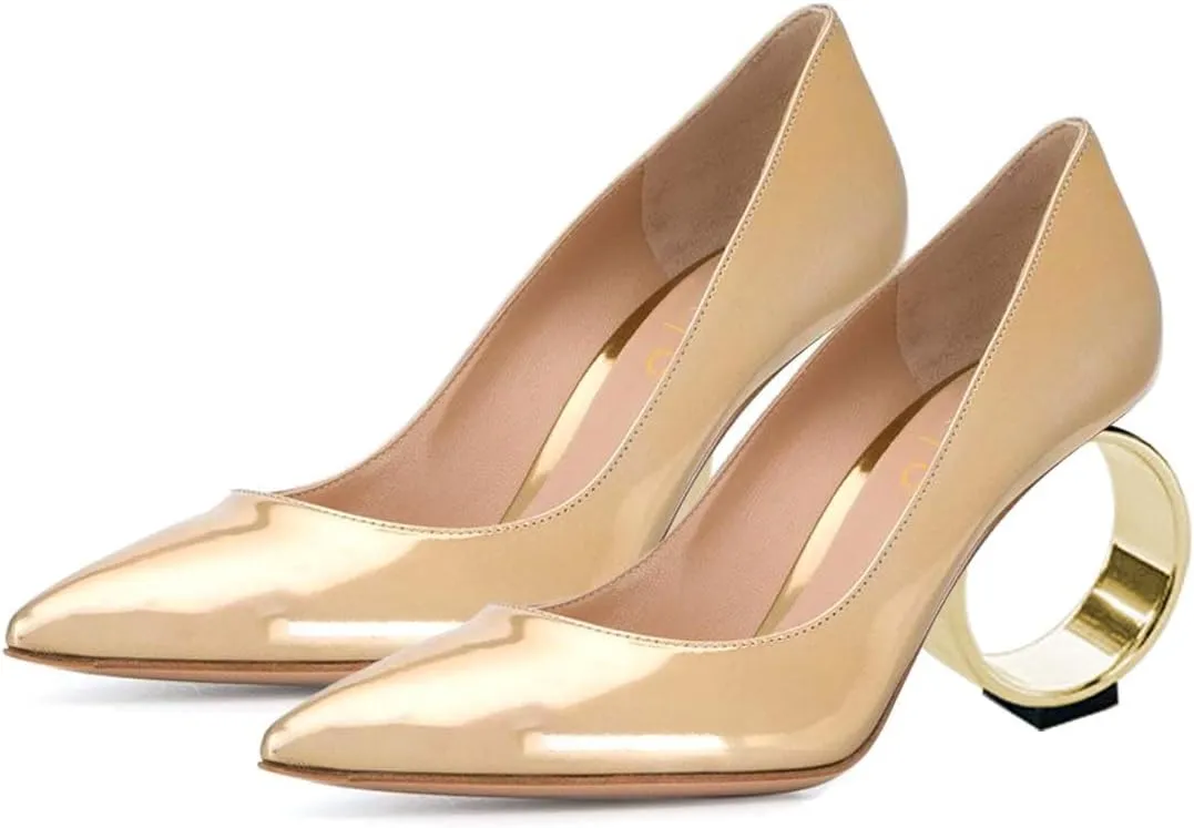 XYD Women Metal Circular High Heel Closed Pointed Toe Pumps Slip-on Office Formal Party Chic Shoes