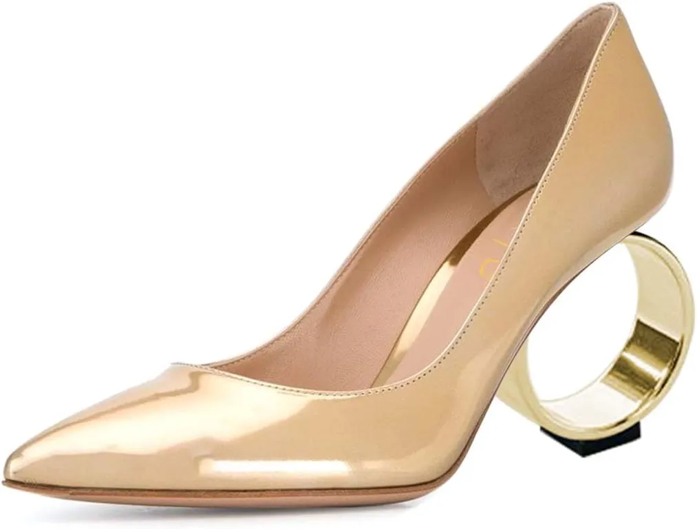 XYD Women Metal Circular High Heel Closed Pointed Toe Pumps Slip-on Office Formal Party Chic Shoes