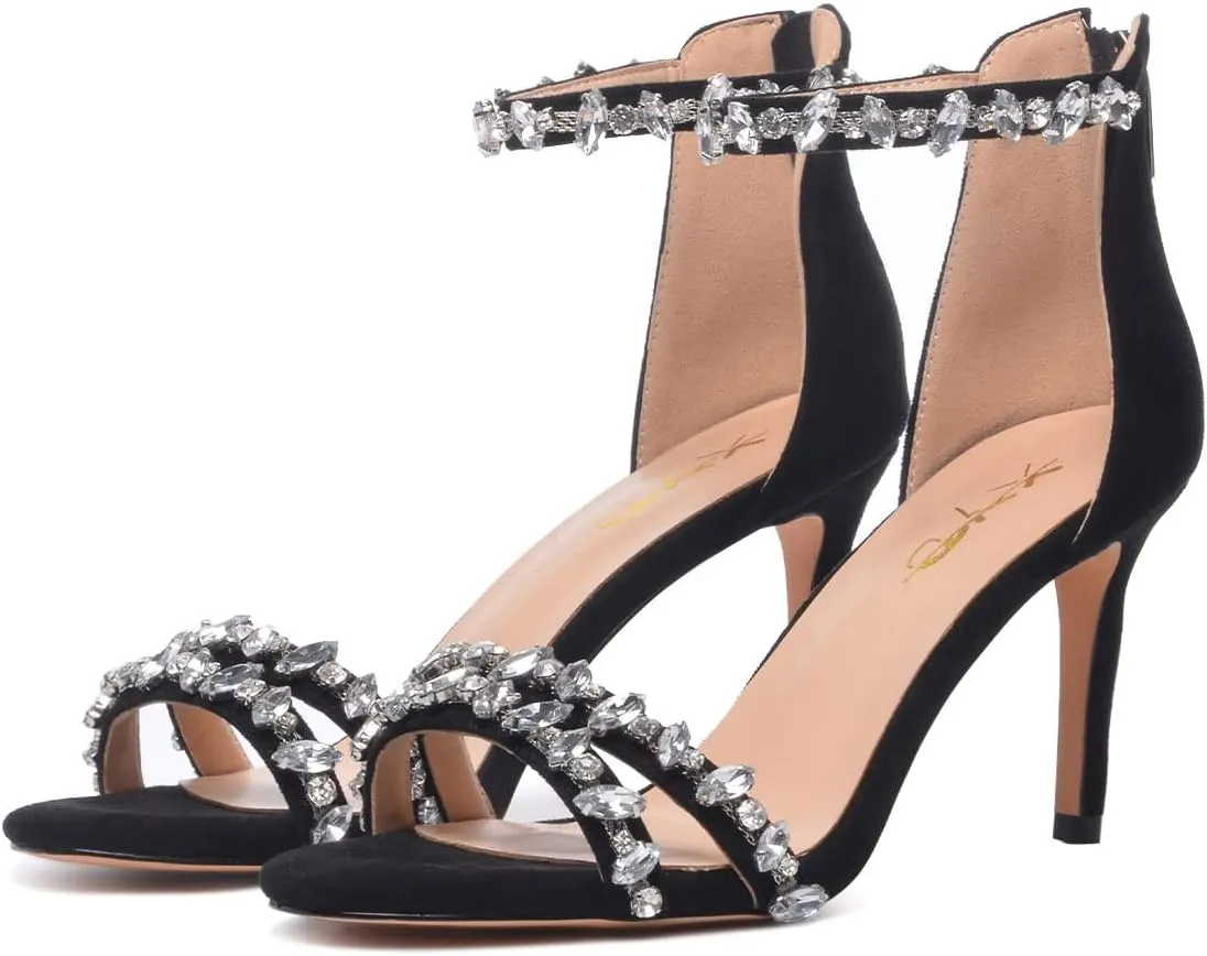 XYD Women Mid Heel Rhinestone Strappy Sandals Open Toe Ankle Strap Prom Evening Party Dressy Shoes
