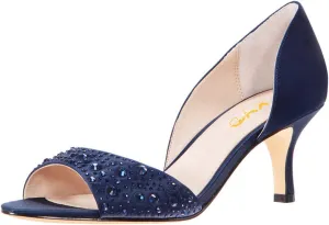 XYD Women Peep Toe Rhinestones Crystals D'Orsay Sandals Mid Thin Heels Slip-on Bridal Evening Satin Shoes