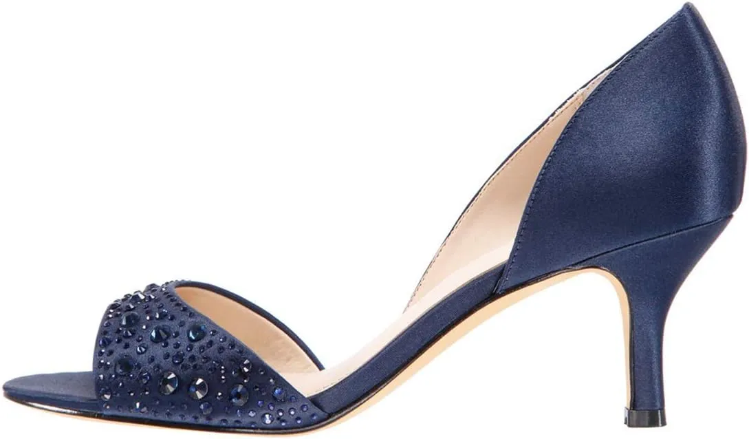 XYD Women Peep Toe Rhinestones Crystals D'Orsay Sandals Mid Thin Heels Slip-on Bridal Evening Satin Shoes