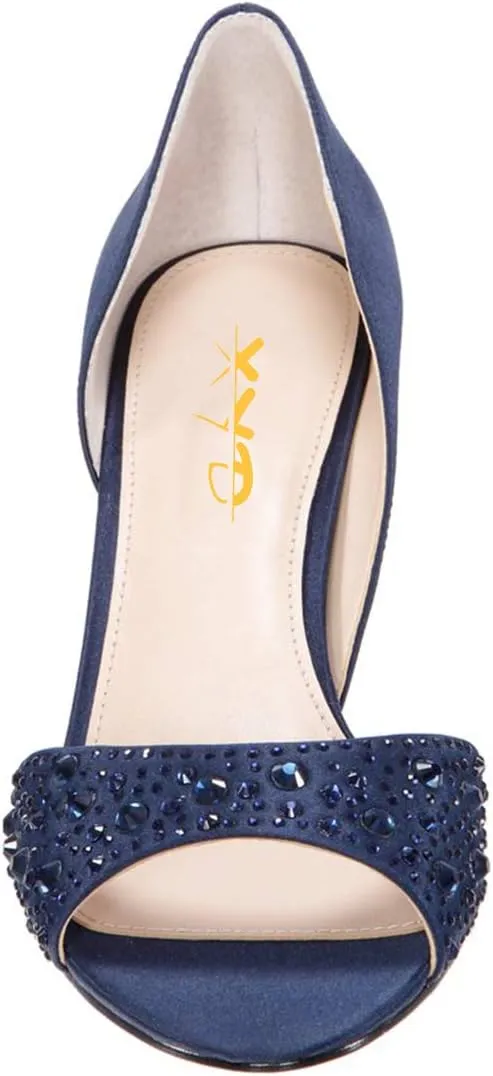 XYD Women Peep Toe Rhinestones Crystals D'Orsay Sandals Mid Thin Heels Slip-on Bridal Evening Satin Shoes