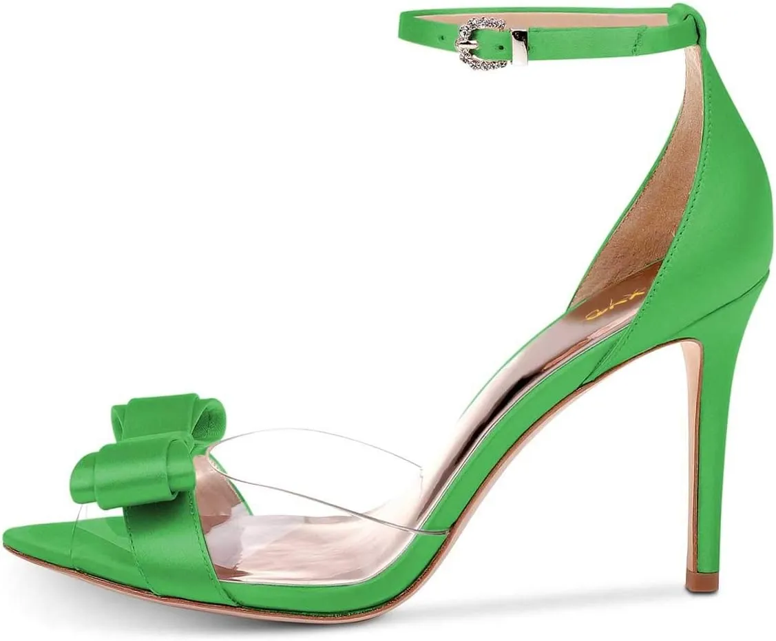 XYD Women Pointy Peep Toe Stiletto High Heels Ankle Strap Bows Sandals PVC Satin D'Orsay Pumps