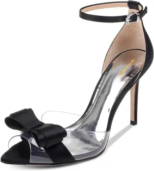 XYD Women Pointy Peep Toe Stiletto High Heels Ankle Strap Bows Sandals PVC Satin D'Orsay Pumps