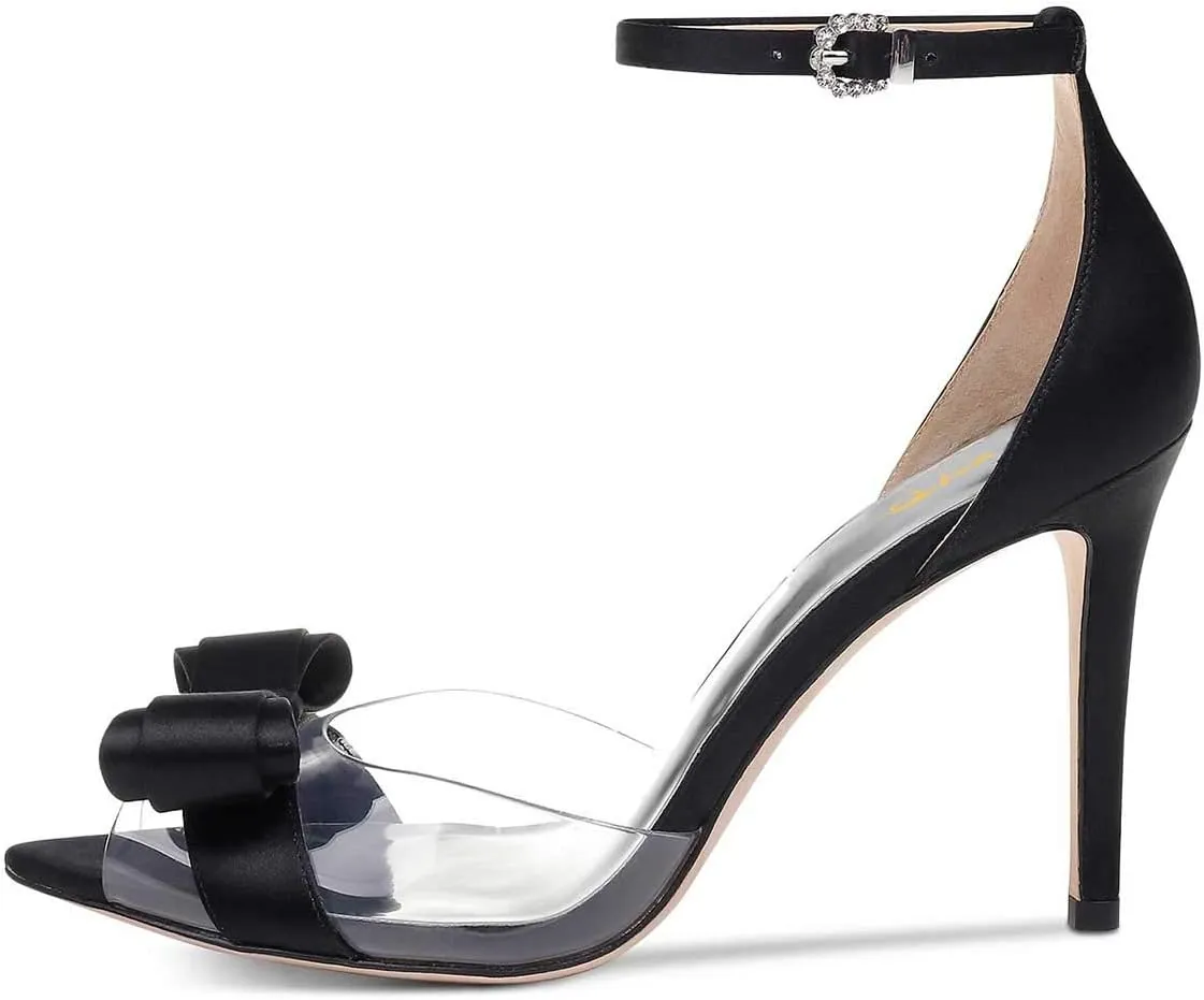 XYD Women Pointy Peep Toe Stiletto High Heels Ankle Strap Bows Sandals PVC Satin D'Orsay Pumps