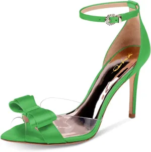 XYD Women Pointy Peep Toe Stiletto High Heels Ankle Strap Bows Sandals PVC Satin D'Orsay Pumps