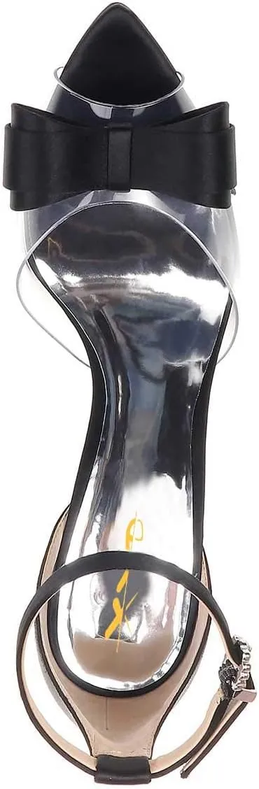 XYD Women Pointy Peep Toe Stiletto High Heels Ankle Strap Bows Sandals PVC Satin D'Orsay Pumps