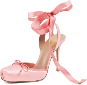 XYD Women Ribbon Lace-up Pumps Square Toe Ankle Strappy Bowknot High Heels Stiletto Evening Prom Sandal Shoes