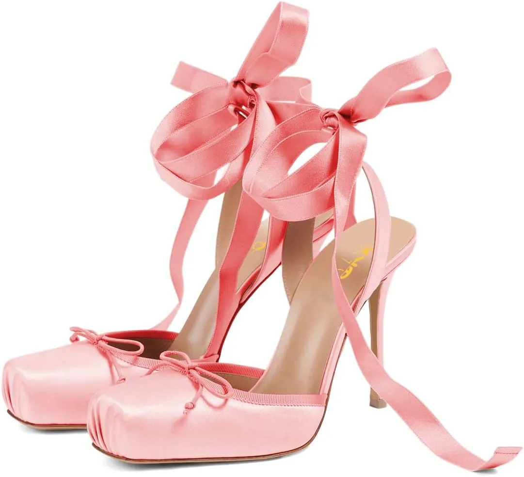 XYD Women Ribbon Lace-up Pumps Square Toe Ankle Strappy Bowknot High Heels Stiletto Evening Prom Sandal Shoes