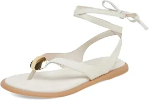 XYD Women Round Open Toe Metal Gold Hardware Flip Flops Ankle Wrap Lace-up Flat Sandals Daily Holiday Dress Shoes
