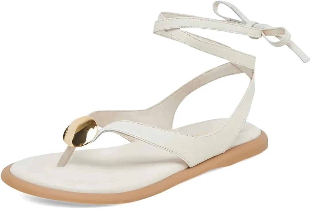 XYD Women Round Open Toe Metal Gold Hardware Flip Flops Ankle Wrap Lace-up Flat Sandals Daily Holiday Dress Shoes