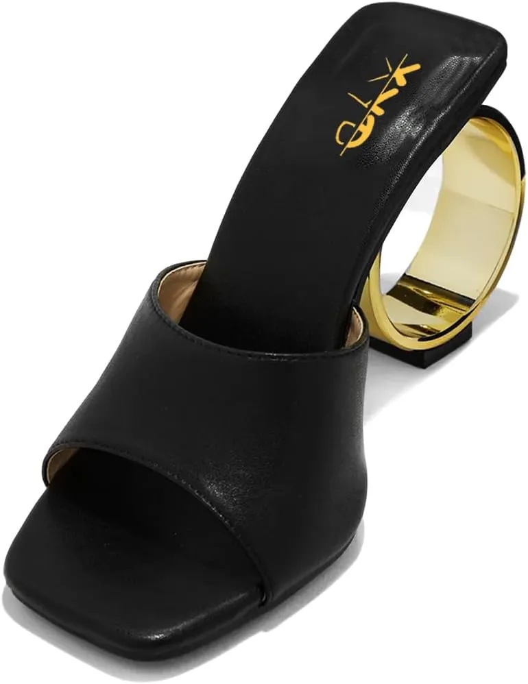 XYD Women Summer Chic Open Square Toe Slide Sandals Round Circle High Heels Slip On Mules Shoes for Event Party Beach Wedding