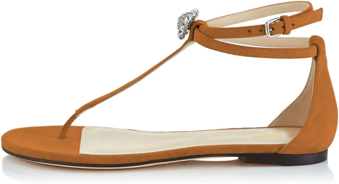 XYD Women T-Strap Thong Rhinestone Sandal Flats Rhinestone Flip Flop Ankle Strap Summer Beach Dress Shoes