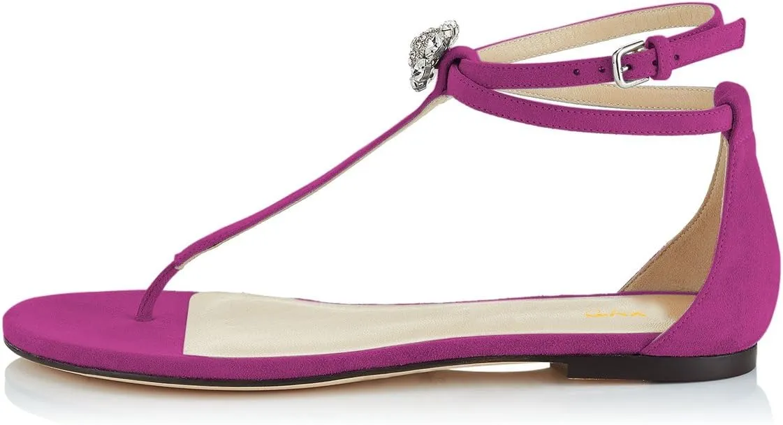 XYD Women T-Strap Thong Rhinestone Sandal Flats Rhinestone Flip Flop Ankle Strap Summer Beach Dress Shoes