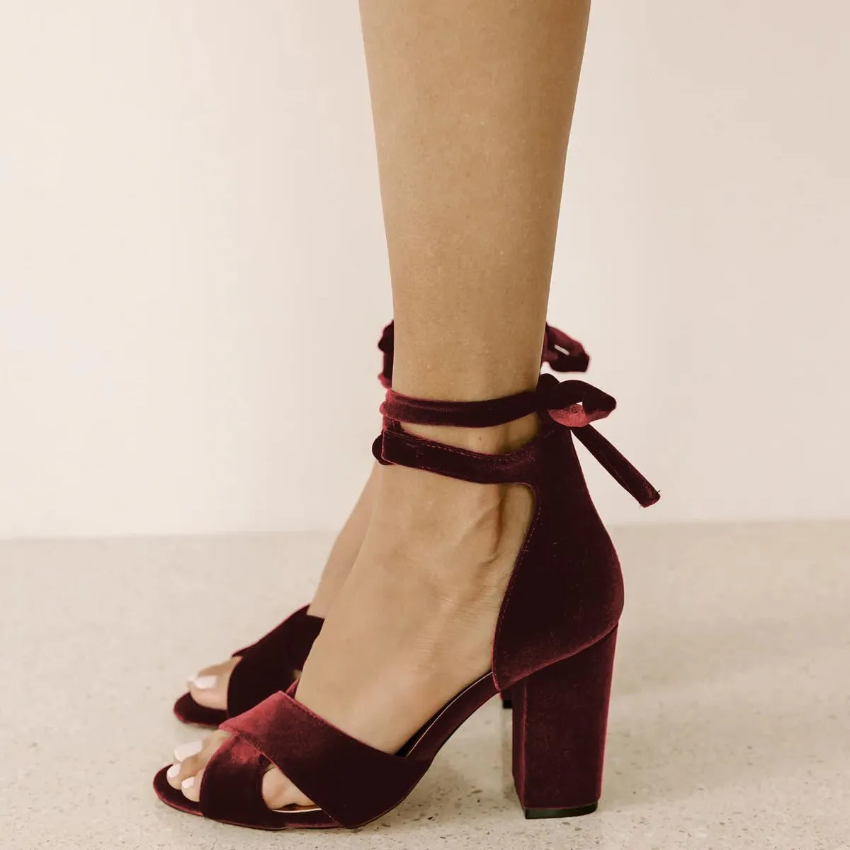 XYD Women Velvet Block Sandals Open Toe Ankle Strap Tie-up High Heel Pumps Elegant Wedding Summer Shoes