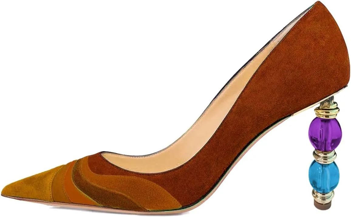 XYD Women Wave Pattern Pointed Toe Slip On Party Pumps Jewelry High Heel Colorful Rainbow Slip On Chic Dress Shoes
