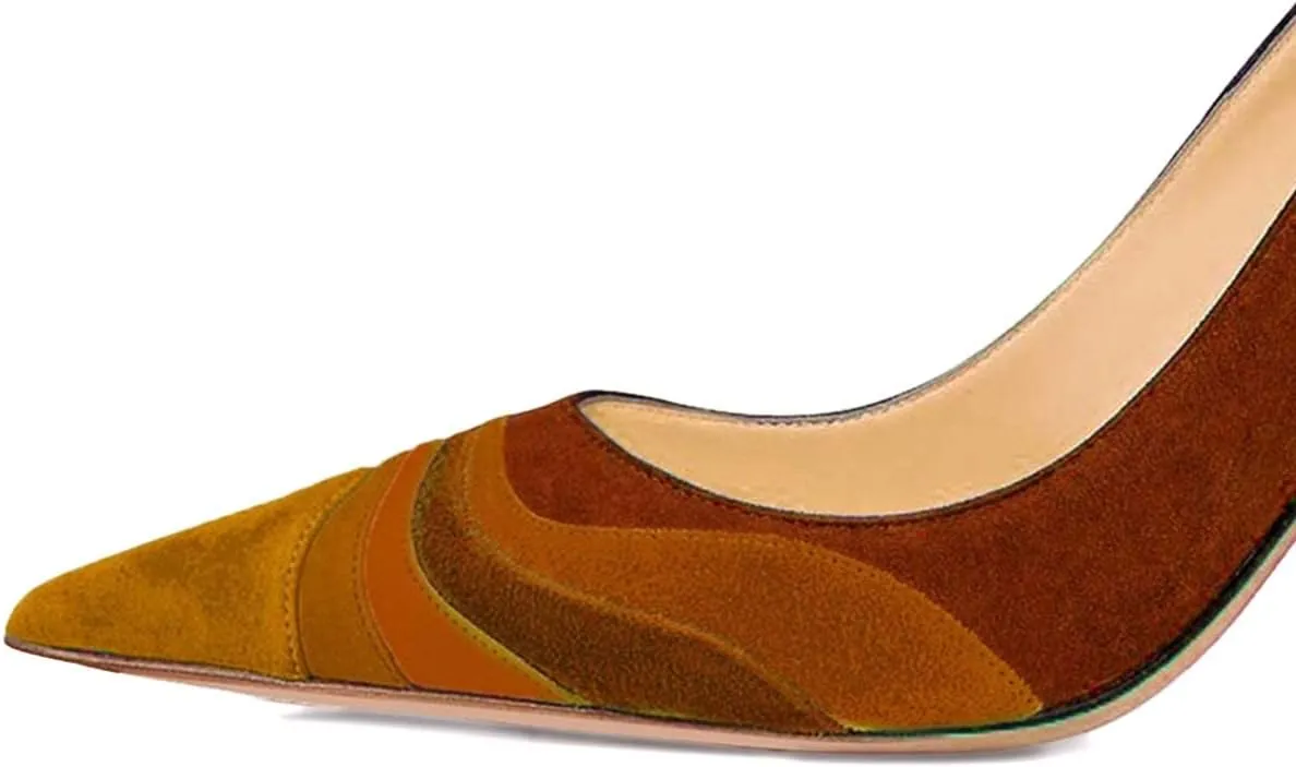 XYD Women Wave Pattern Pointed Toe Slip On Party Pumps Jewelry High Heel Colorful Rainbow Slip On Chic Dress Shoes
