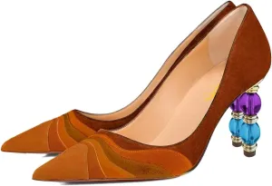 XYD Women Wave Pattern Pointed Toe Slip On Party Pumps Jewelry High Heel Colorful Rainbow Slip On Chic Dress Shoes