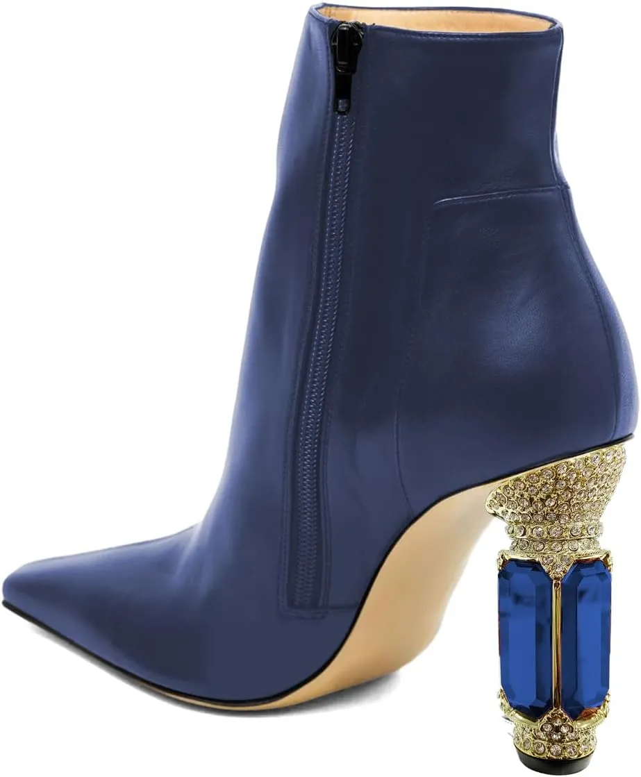 XYD Women's Closed Square Toe Booties Rhinestone Crystal Gems Block Heels Side Zip Ankle Boots Ladies Chic Event Formal Party Shoes
