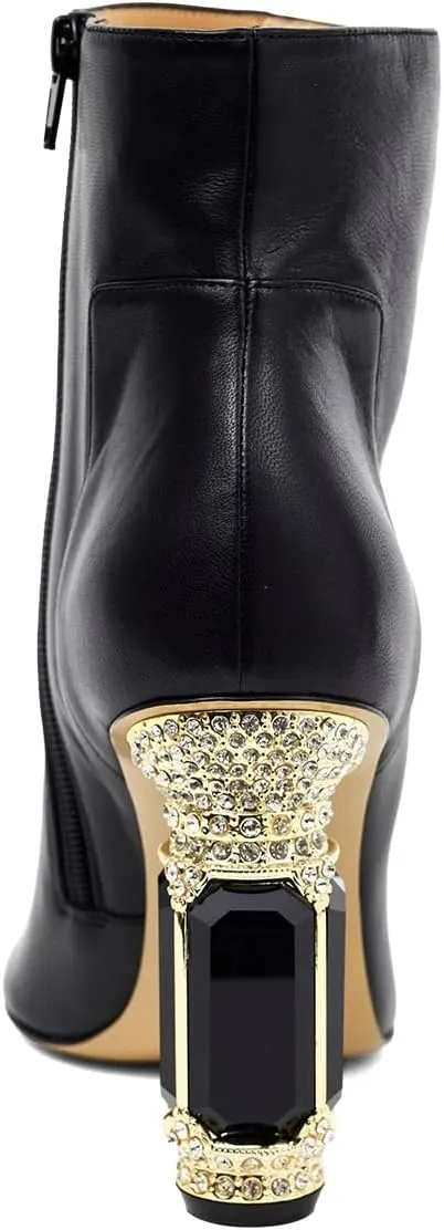 XYD Women's Closed Square Toe Booties Rhinestone Crystal Gems Block Heels Side Zip Ankle Boots Ladies Chic Event Formal Party Shoes