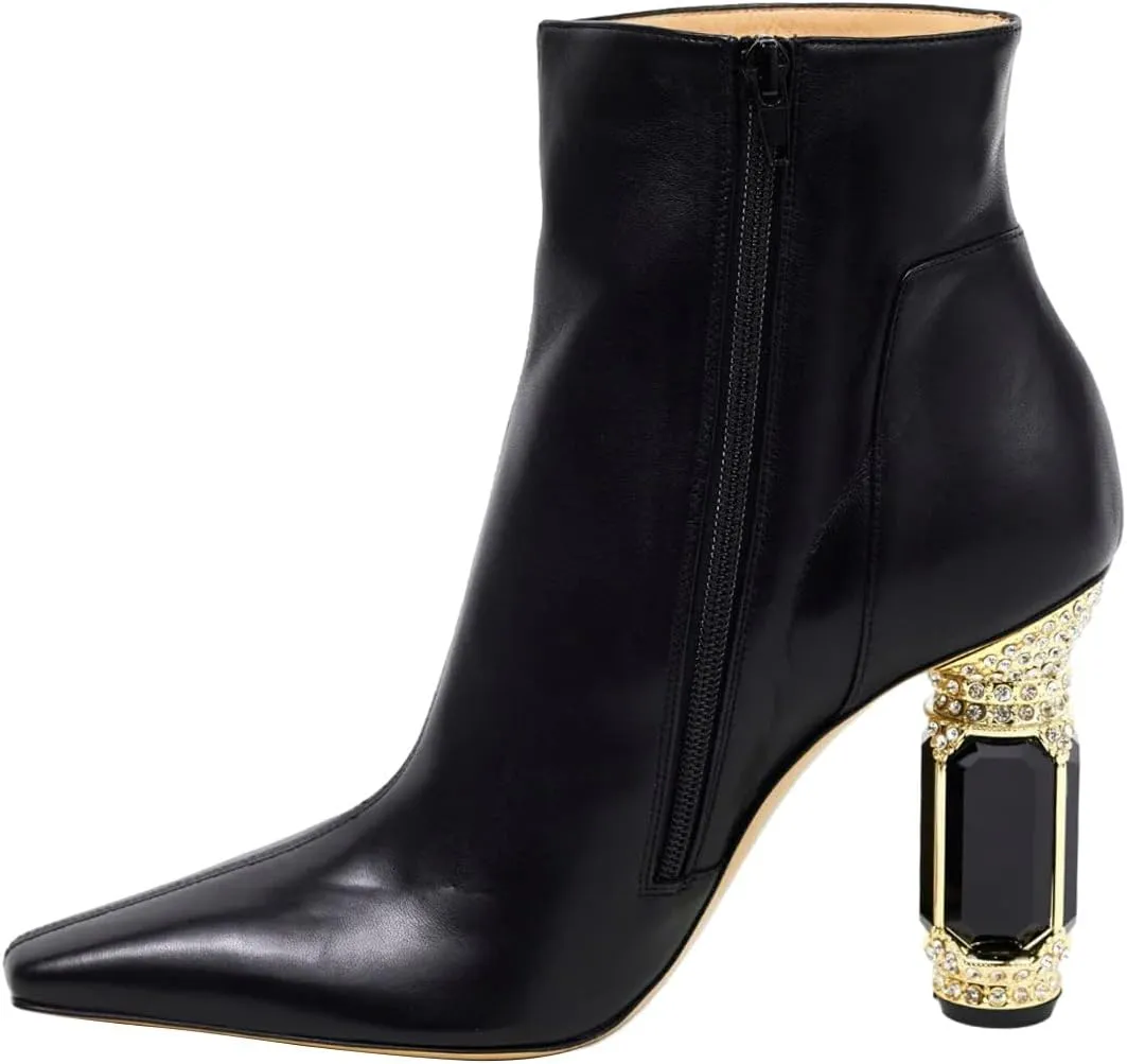 XYD Women's Closed Square Toe Booties Rhinestone Crystal Gems Block Heels Side Zip Ankle Boots Ladies Chic Event Formal Party Shoes
