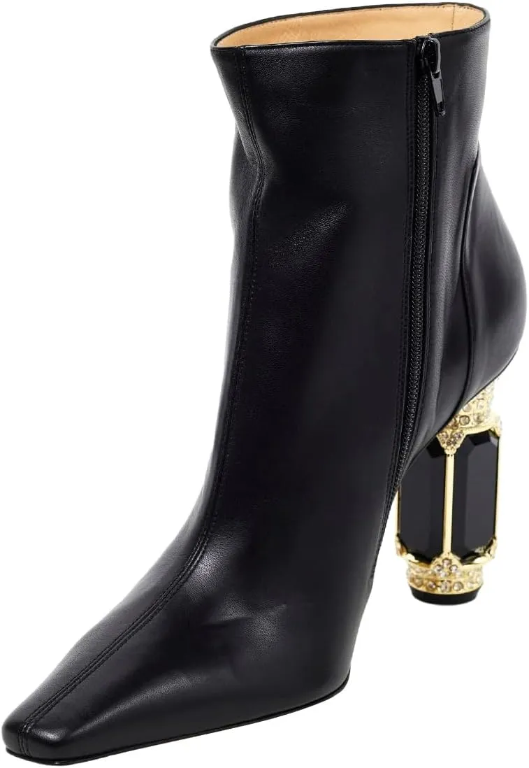 XYD Women's Closed Square Toe Booties Rhinestone Crystal Gems Block Heels Side Zip Ankle Boots Ladies Chic Event Formal Party Shoes