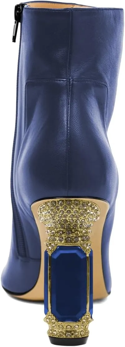 XYD Women's Closed Square Toe Booties Rhinestone Crystal Gems Block Heels Side Zip Ankle Boots Ladies Chic Event Formal Party Shoes