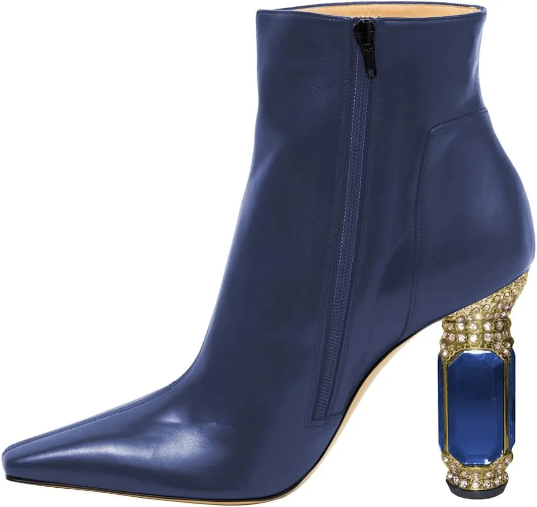 XYD Women's Closed Square Toe Booties Rhinestone Crystal Gems Block Heels Side Zip Ankle Boots Ladies Chic Event Formal Party Shoes
