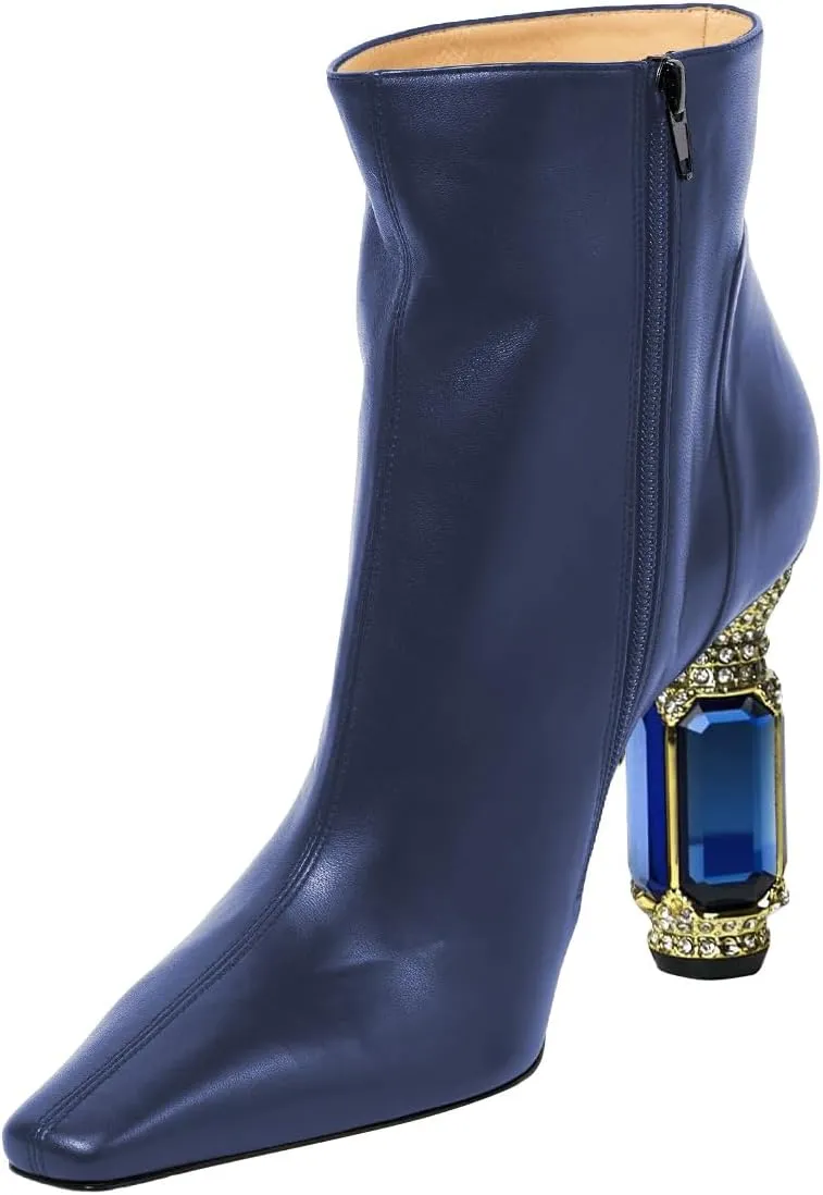XYD Women's Closed Square Toe Booties Rhinestone Crystal Gems Block Heels Side Zip Ankle Boots Ladies Chic Event Formal Party Shoes