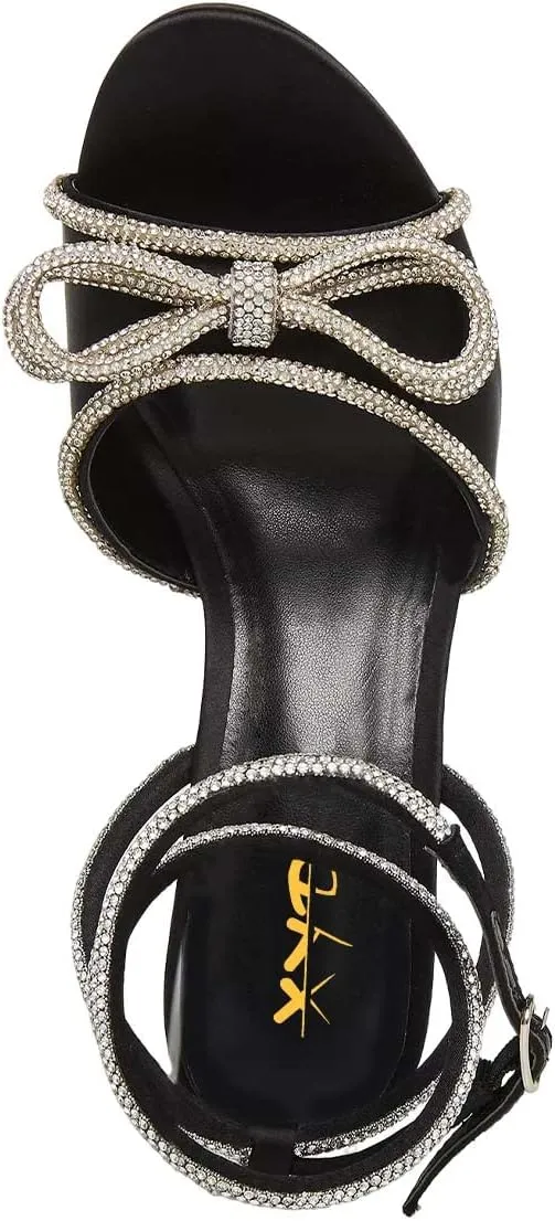 XYD Women's Open Toe Sandals with Wrap Around Ankle Strappy Rhinestone Bow Knot Thick High Heels Shoes Chic Evening Party Pumps