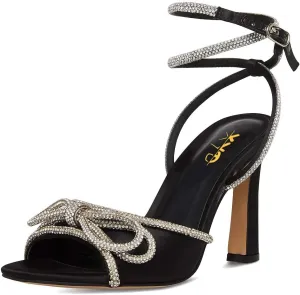 XYD Women's Open Toe Sandals with Wrap Around Ankle Strappy Rhinestone Bow Knot Thick High Heels Shoes Chic Evening Party Pumps