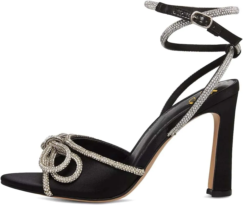 XYD Women's Open Toe Sandals with Wrap Around Ankle Strappy Rhinestone Bow Knot Thick High Heels Shoes Chic Evening Party Pumps