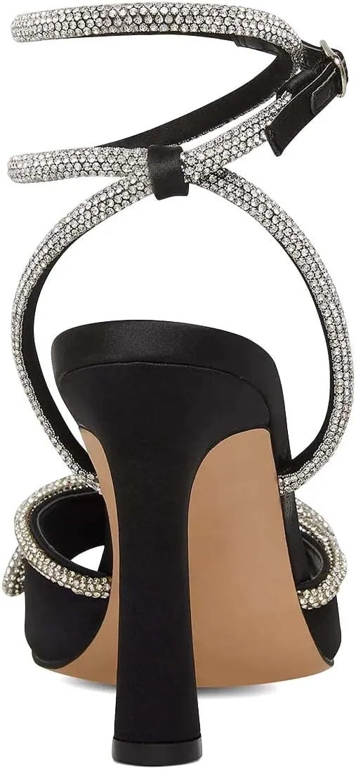 XYD Women's Open Toe Sandals with Wrap Around Ankle Strappy Rhinestone Bow Knot Thick High Heels Shoes Chic Evening Party Pumps