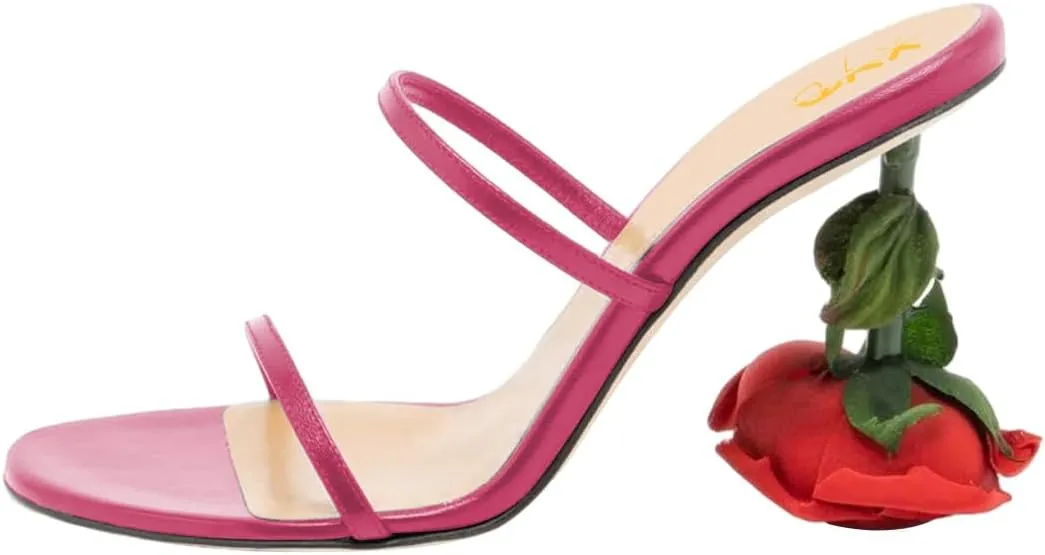 XYD Women's Romantic Rose Heel Summer Chic Two Slender Straps Open Toe Slip On Slides Sandals Resort Holiday Party Shoes