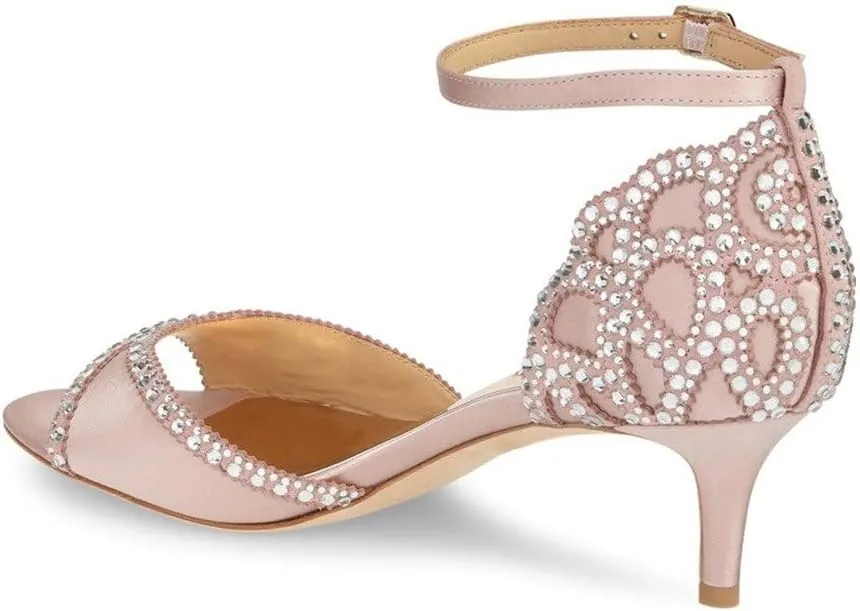 XYD Women's Sandals, Chic Peep Toe, D'Orsay Kitten Low Heels, Rhinestone Studs, Ankle Strap Satin Shoes for Wedding Ballroom
