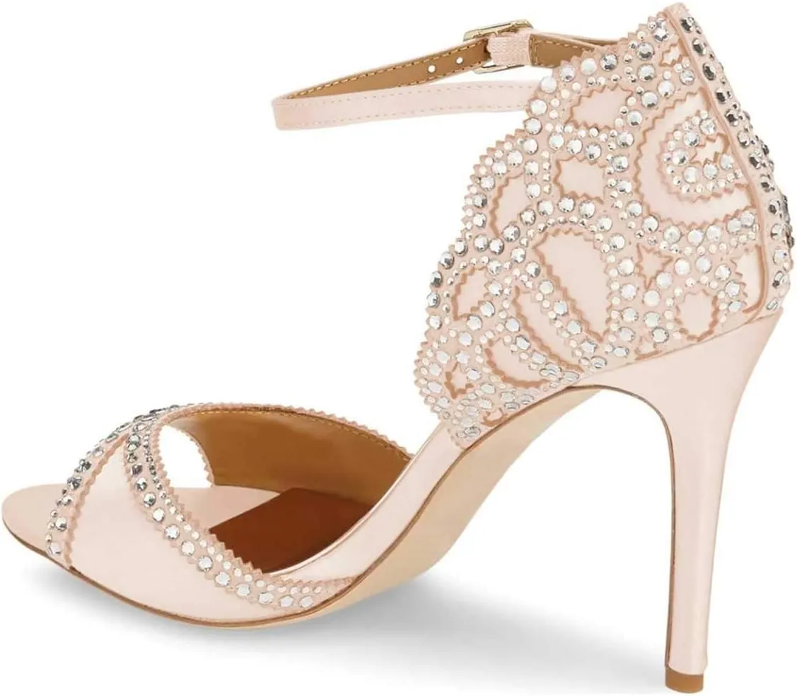 XYD Women's Sandals, Chic Peep Toe, D'Orsay Stiletto High Heels, Rhinestone Studs, Ankle Strap Satin Shoes for Wedding Ballroom