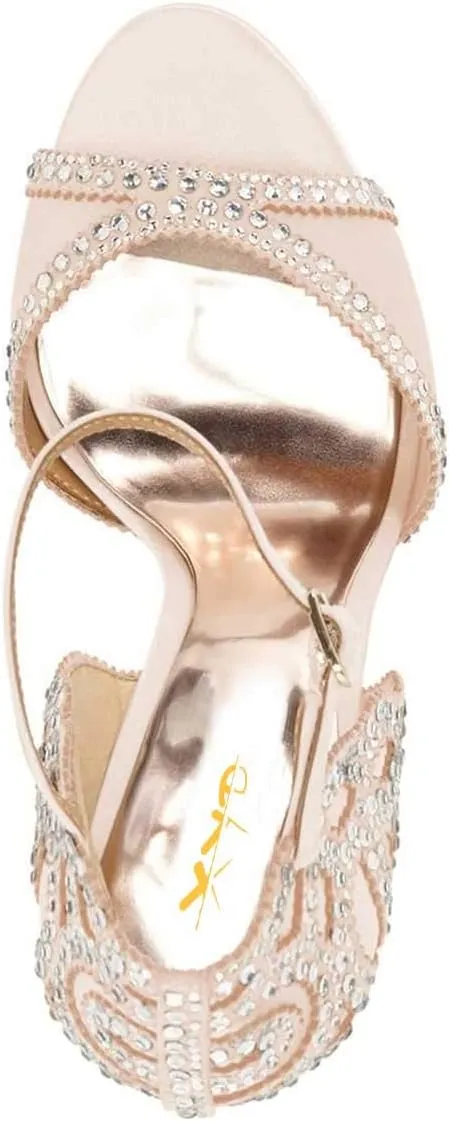XYD Women's Sandals, Chic Peep Toe, D'Orsay Stiletto High Heels, Rhinestone Studs, Ankle Strap Satin Shoes for Wedding Ballroom