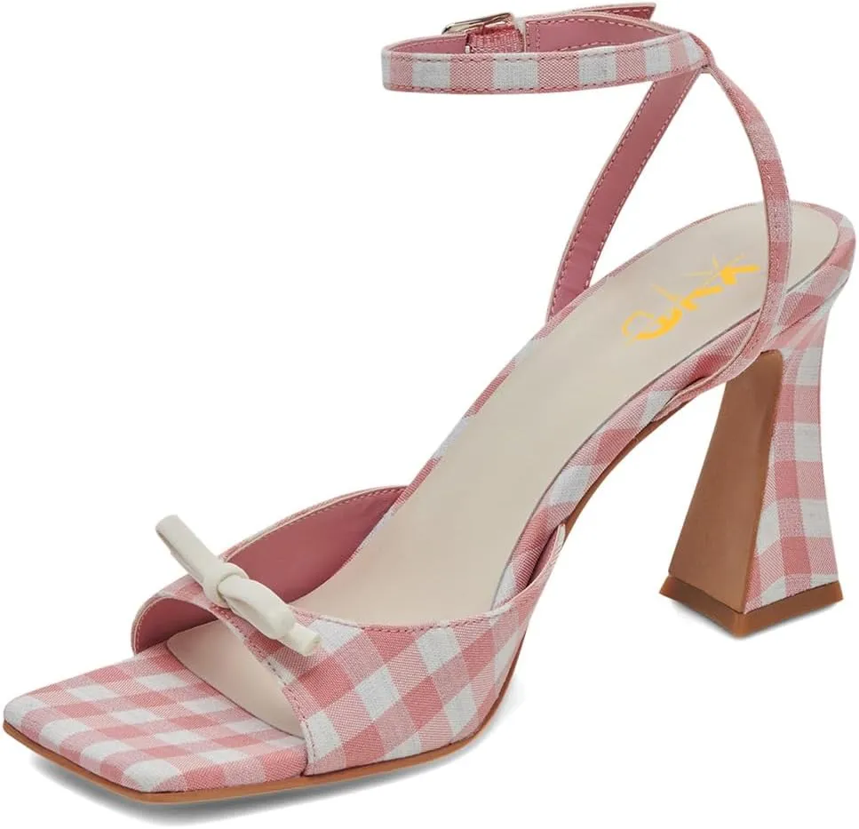 XYD Women's Sweet Plaid Ankle Strap Sandals Flared Mid Heels Square Open Toe Bowknot Countryside Style Dress Shoes