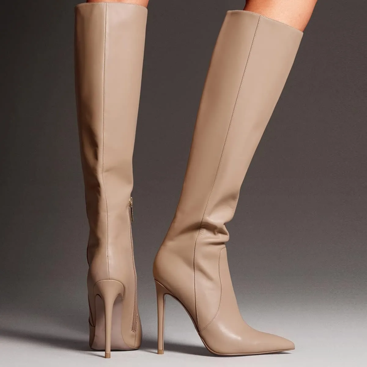 XYD Women's Winter Leather Solid Color Pointed Toe Straight Knee High Stiletto Heels Boots Side Zip Up Dressy Chic Lady Shoes