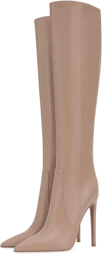 XYD Women's Winter Leather Solid Color Pointed Toe Straight Knee High Stiletto Heels Boots Side Zip Up Dressy Chic Lady Shoes