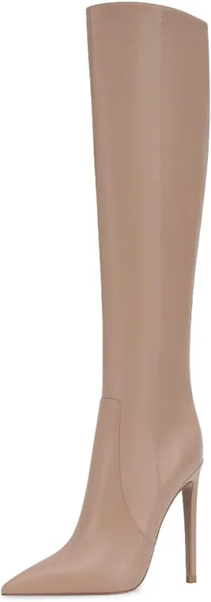 XYD Women's Winter Leather Solid Color Pointed Toe Straight Knee High Stiletto Heels Boots Side Zip Up Dressy Chic Lady Shoes